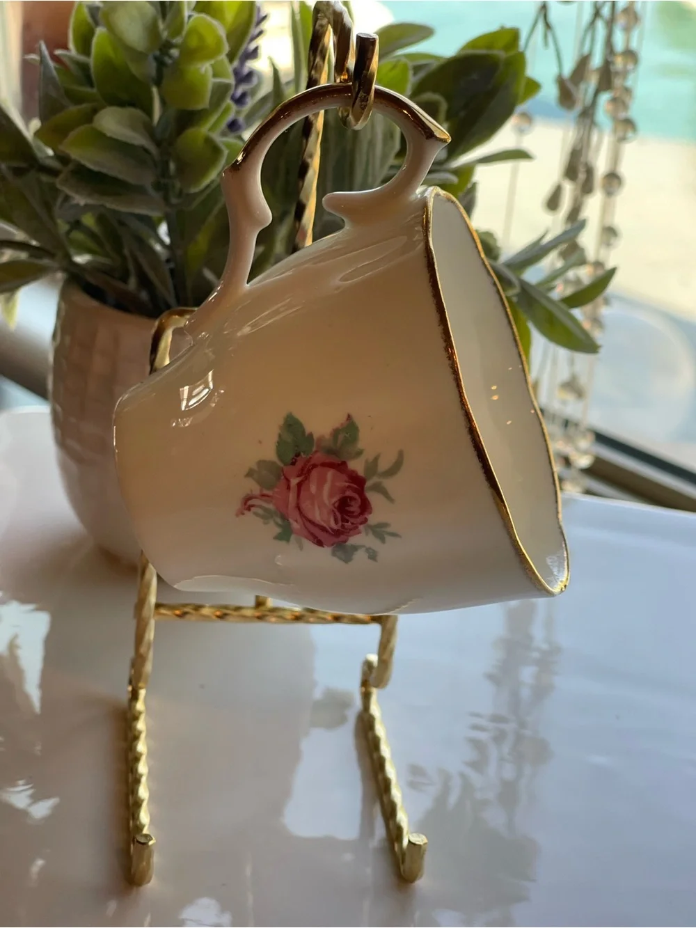 Jason Bone China Floral Teacup and Saucer with Pink Roses and Gold Accent
